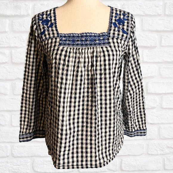 J. Crew Factory XS Gingham Square Neck Top w Embroidery Plaid Blouse Boho Black - Picture 1 of 9